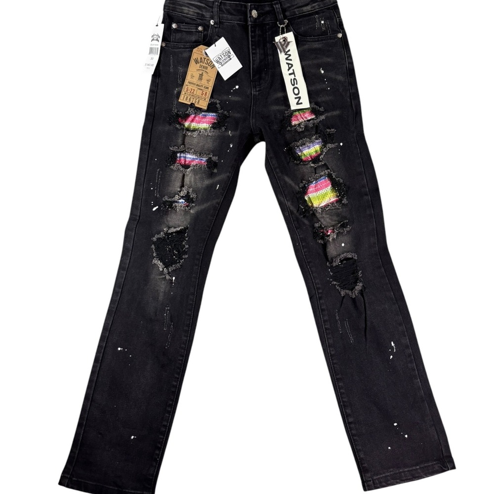 Watson Straight Jeans Mens 30 Black Denim Distressed Multi Rip Rhinestone Cotton